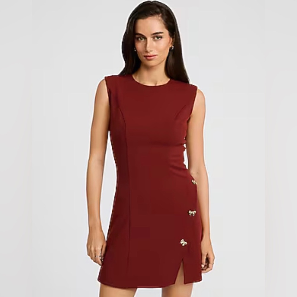 Express Crepe Crew Neck Bow Button Mini Dress